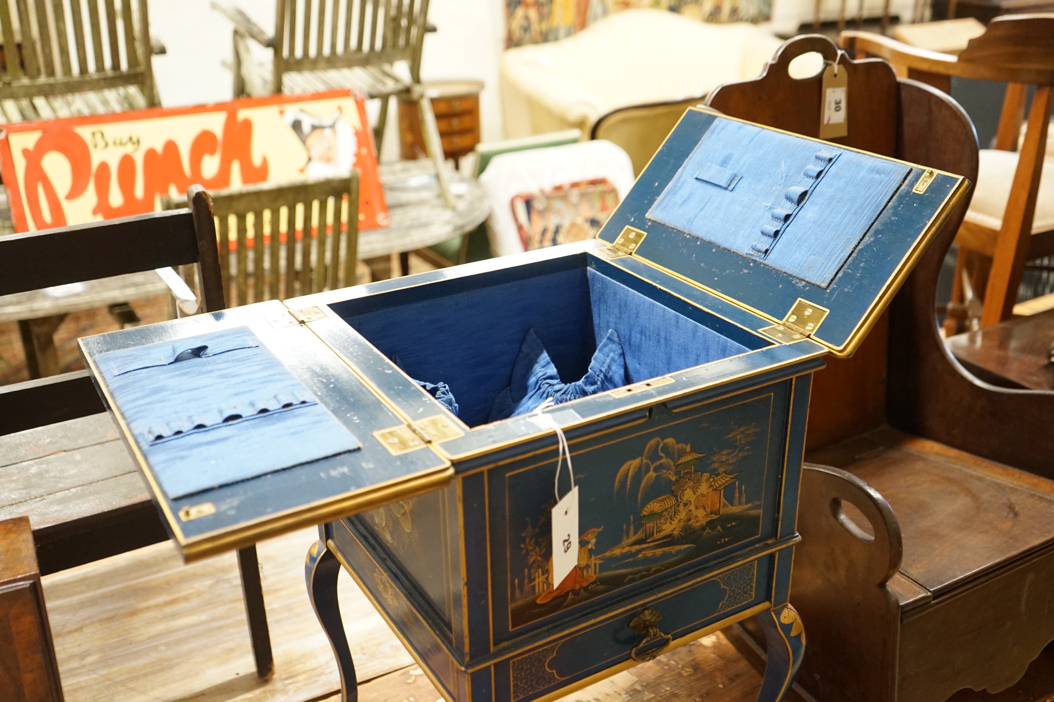 A 1920's square chinoiserie lacquer work box, Width 36cm, height 53cm